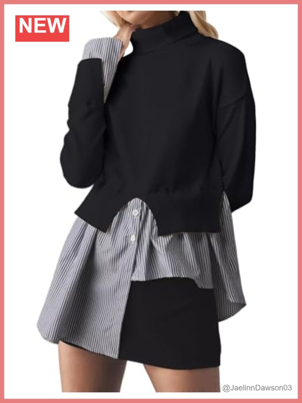 Slit Turtleneck Patchwork Sweater Button Down Asymmetrical Hem Knit Pullover